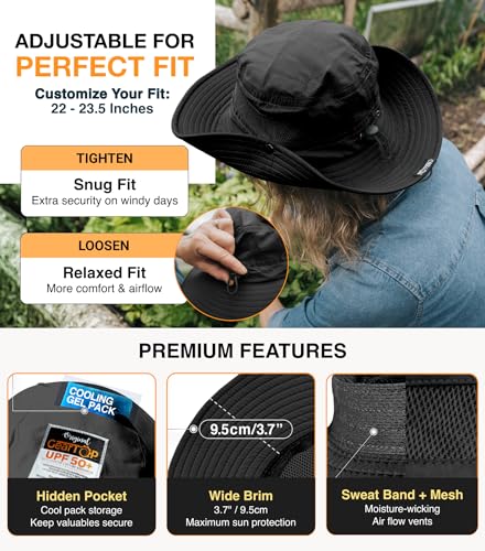 GearTOP Safari Hat for Men Sun Hats for Women UV Protection UPF 50+ Fishing, Gardening, Hiking Hat (22-23 1/2") - color: Black Standard