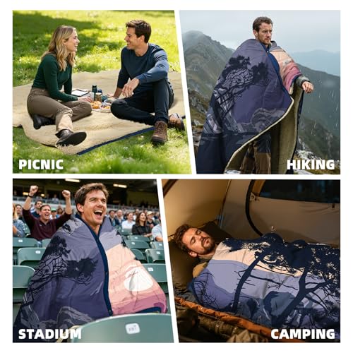 Outdoor Camping Blanket with Sherpa Lining, Extra Warm Thick Camp Blankets and Puffy Ultralight Soft Poncho DWR Camping Quilt for Cold Weather, Adventure, Sleeping, Backpacking 78"x 56" - color: Rosy Red, size: 78 x 56 inches