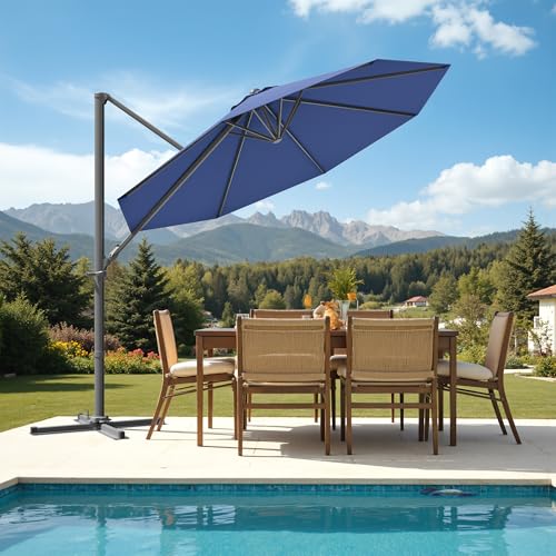 Patiowell 10 FT Patio Umbrella, Outdoor Cantilever Umbrella with 360 Degree Rotation & 5 Adjustable Tilt, Large Hanging Offset Round Sun Umbrella with Frame for Backyard Garden Poolside, Navy Blue - color: Navy Blue, size: 10 FT