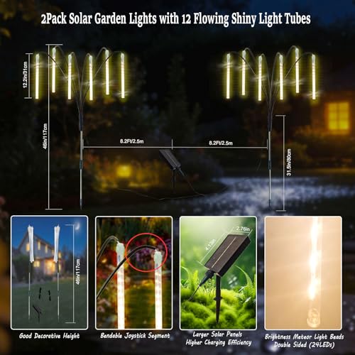 Garden Decor Outdoor Solar Meteor Shower Lights 2Pack 288LED,46" Whimsical Solar Garden Lights with 12 Brighter Tubes,Solar Twinkle Lights Outside for Garden Yard Path Porch Patio Lawn Decor