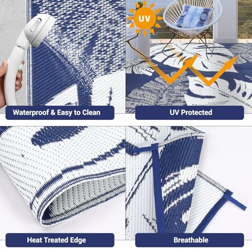 COZYLOOM Large Outdoor Rug 10x20 Waterproof Reversible Mat Palm Tropical Camping Rugs Indoor Outdoor Rugs Carpet Plastic Straw Rug for Patio Deck Balcony Pool RV Camping, Dark Blue and White - color: Leaf Navy/White, size: 10' x 20' (Rectangular)