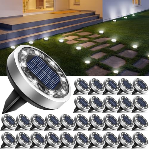 btfarm 30 Pack Solar Lights Outdoor, 8 LED Solar Ground Lights IP65 Waterproof Flat Solar Disc Light, Pathway Lights for Garden Lawn Patio Yard Path Landscape, Cool White - color: Cool White, size: 30 Pack