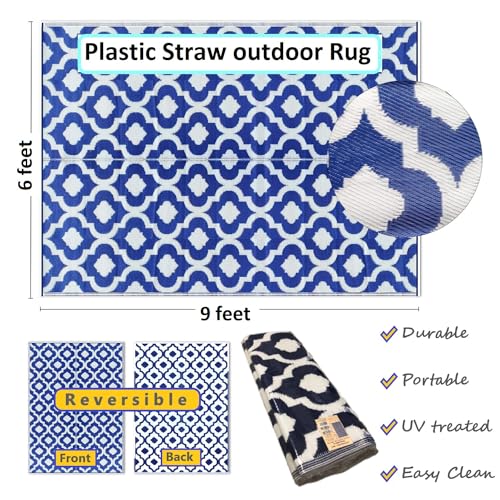Recycled Outdoor Plastic Patio Rugs Clearance Waterproof RV Camper Rug Large Reversible mats 6'x9' Blue & White 20317 - color: Blue, White, size: 6' x 9' (Rectangular)