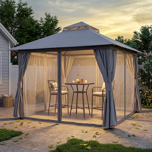 LAUSAINT HOME 10'x10' Outdoor Patio Gazebo, Heavy Duty Party Tent & Shelter with Double Roofs, Mosquito Nettings and Privacy Screens for Backyard, Garden, Deck (Grey) - color: Gray, size: 10'x10'