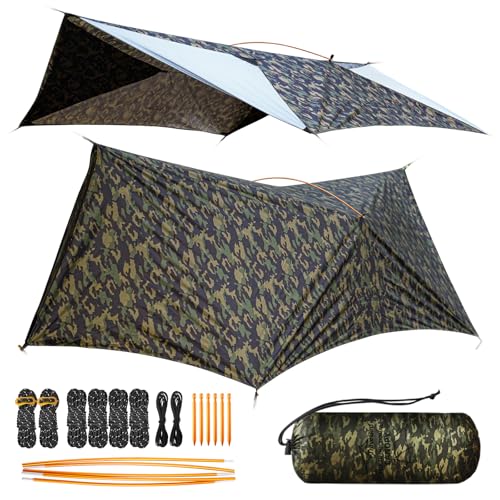 Ultralight Tarp, 14ft Hammock Rain Fly Lightweight Waterproof Camping Tent Tarp with Doors, Bushcraft Tarp Shelter for Backpacking Hiking Camping - color: Camouflage