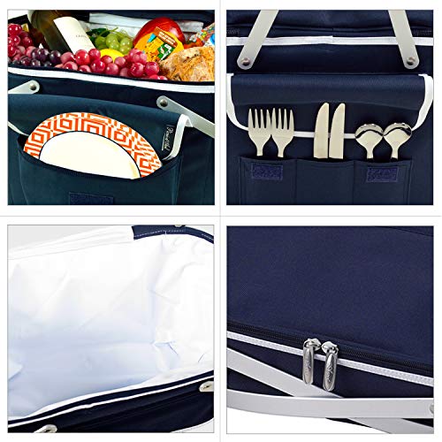 Picnic at Ascot Patented Collapsible Insulated Picnic Basket Equipped with Service For 4- Designed and Assembled in USA - color: Navy/Orange