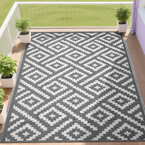RURALITY Outdoor Rugs 6x9 Feet for Patios Clearance,Plastic Straw Waterproof Mats for Backyard,Porch,Deck,Balcony,Grey&White - color: Cross-grey&white, size: 6' x 9' (Rectangular)