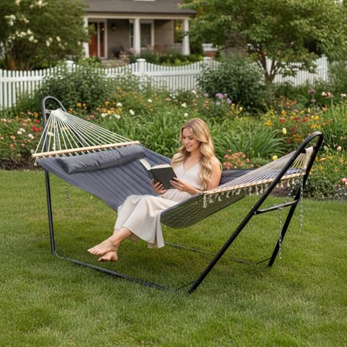 ONCLOUD Hammock with Stand, Double-Barrel Hammock with Hammock Bed, Heavy Duty Adjustable Hammock Set for Outdoors, Patio, Yard, Garden, 550 LBS (Gray) - color: Grey