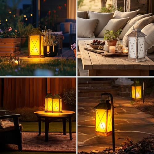 2 Pack Solar Lantern with Flickering Flame Candle, 13" Outdoor Waterproof Solar Lanterns Garden Decorative, Glass Hanging Lantern Metal for Outdoor Patio Yard Tabletop Decoration Mothers Day Gifts Mom - style: Bronze-Cross02