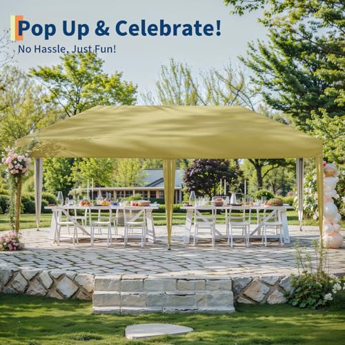 10x20 Pop Up Canopy - Easy Up Camping Tent with One Roller Bag, 3 Adjustable Height, 4 Weight Bags for Deck, Garden, Sports, Beach, Party - Khaki - color: Khaki, size: 10x20