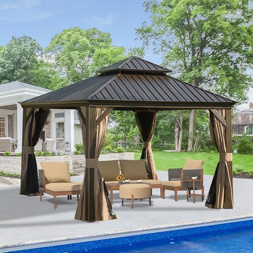 Domi 12' X 12' Hardtop Gazebo, Upgraded Metal Gazebo with Drainage System, Dual-Layer Galvanized Steel Roof, Curtain and Netting, Outdoor Shelter Canopy for Patio, Garden, and Backyard, Brown - color: Brown, size: 12'x12'/w gutter
