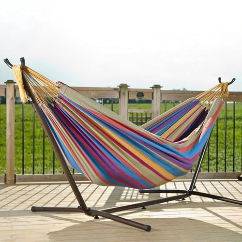 Vivere Double Cotton Hammock with Space Saving Steel Stand, Upgraded Polyester End Strings 450 lb Capacity - Premium Carry Bag Included - USA Grown Cotton (Tropical) - color: Tropical