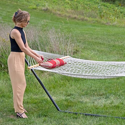 Sunnydaze Rope Hammock with Stand for Outside - Heavy Duty Freestanding Portable Outdoor Hammock Set with Quilted Pad, Pillow, and 12-Foot Steel Frame - 275 lb Capacity - Awning Stripe - color: Awning Stripe