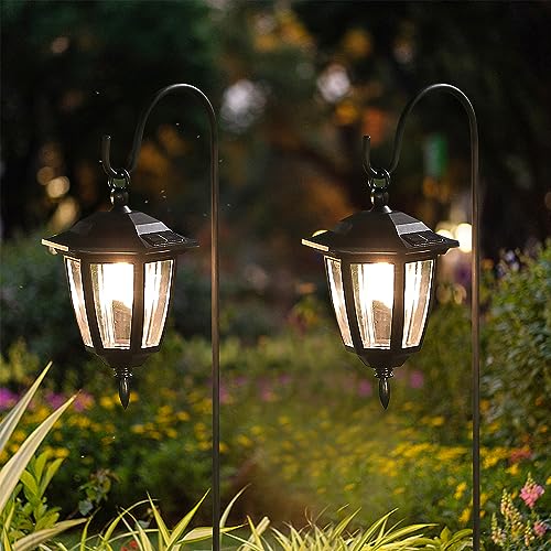 Dynaming 2 Pack Solar Hanging Lights Outdoor, Solar Powered Garden Decorative Lanterns with 2 x 38 Inch Shepherd Hooks, Waterproof Landscape Lighting for Lawn Patio Yard Pathway Driveway, Warm White - size: 2 Pack