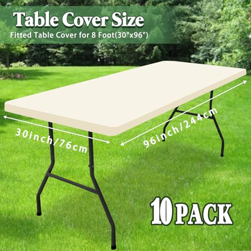 8 Foot Table Cover Fitted 10 Pack Picnic Elastic Tablecloth for Rectangle Tables Waterproof Stretch Washable Folding Indoor Outdoor Spandex Table Cloth for Parties Banquet Camping (Beige,30" x 96") - color: Beige, size: 30"x96" (Pack of 10)
