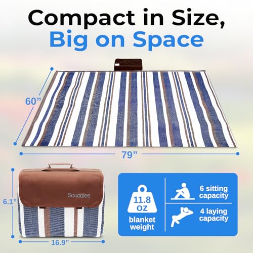 scuddles Extra Large Picnic Blanket – 60" x 80" Waterproof Outdoor Mat with Soft Dual-Layer Comfort, Foldable Travel Rug for Beach, Camping, Lawn, Parks & Family Picnics - color: Brown