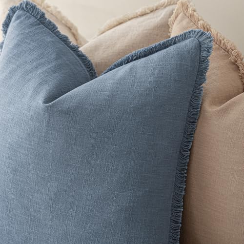Foindtower Decorative Linen Fringe Throw Pillow Covers Cozy Boho Farmhouse Cushion Cover with Tassels Accent Pillowcase for Chair Sofa Bed Living Room Home Decor, 16×16 Inch,1PC,Misty Blue - color: Spring Lake, size: 16" x 16" (Pack of 1)