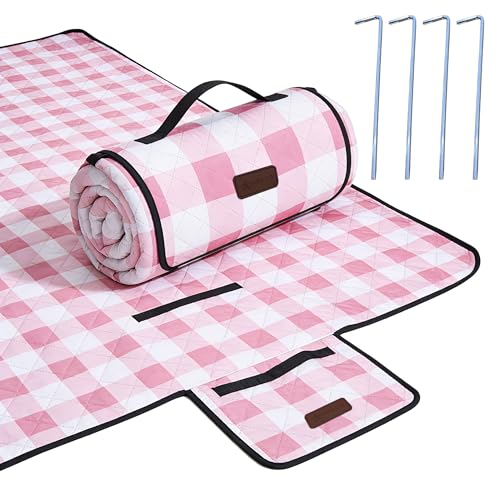 HX&OD Outdoor Picnic Blanket, Extra Large, 80''x60'' Waterproof Foldable Blankets Gingham Picnic Mat for Beach, Camping Grass Lawn Park Accessories Cute Couple Ideas Wedding (Pink, 80”x60”) - color: Pink, size: 5' x 6'8" (Square)