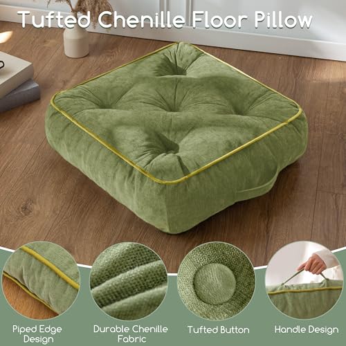HIGOGOGO 6" Extra Thick Floor Pillow Cushion for Adults, Meditation Cushion Pillow with Handle, Lustrous Chenille Tufted, Square Floor Sitting for Tatami Living Room or Yoga, 22x22 Inch, 2Pack, Green - color: Square Green, size: 6" Thick(pack of 2)