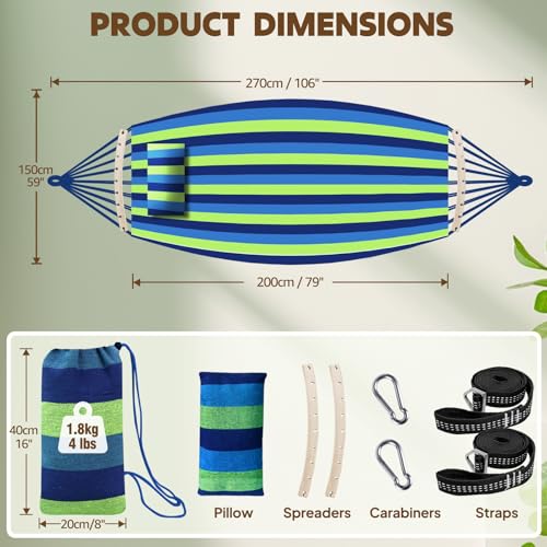 Chihee Cotton Hammock Holds Up to 660lbs Fabric Hammock 8.9x4.9ft Soft Portable Tree Hammocks Camping with Detachable Spreader Bar Pillow 2 Strong Webbings 2 Carabiners Indoor Outdoor Backyard Garden - color: Blue/Green Stripes, size: 270x150cm