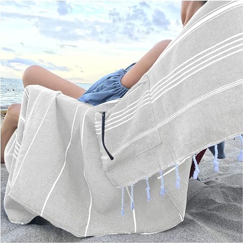 Aysesa-Sandproof Turkish Cotton Beach Towel Oversized w/Hidden-Pocket 75" Sand Free Blanket Extra Large Packable Travel Bath Towel Gift Men Women Made-in-Turkey - color: Light Grey
