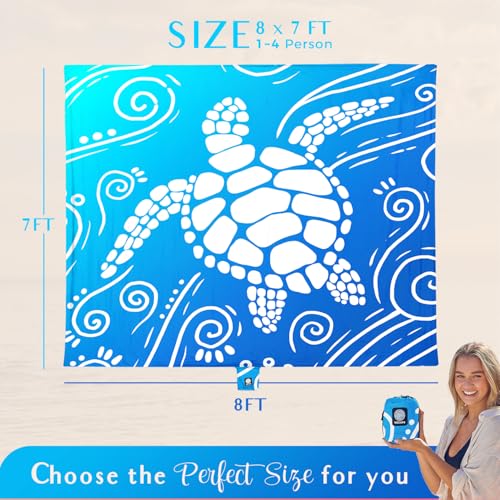 WEKAPO Beach Blanket Waterproof Sandproof Oversized Extra Large Sand Free Beach Mat with Stakes, Storage Bag - Essentials for Outdoor Beach, Picnic (Gradient Blue Sea Turtle, 8 X 7 FT (1~4 Person)) - color: Gradient Blue Sea Turtle, size: 8 X 7 FT (1~4 Pe
