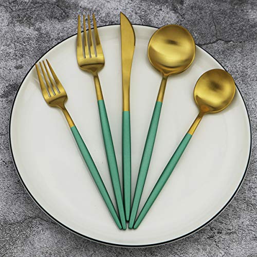 Green Handle Matte Gold Silverware, Gugrida 5-Piece 18/10 Stainless Steel Flatware Set, Kitchen Utensils, Tableware Travel Cutlery for Camping Office Lunch, Satin Finish, Dishwasher Safe - color: Green Handle Gold, size: Service for 1