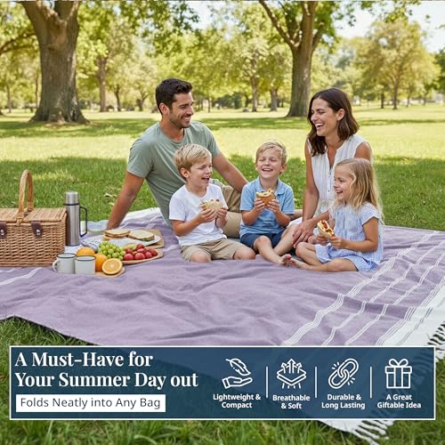 LANE LINEN Outdoor Blanket for Beach Necessities - Large Outdoor Blanket with Soft Pre-Washed, Diamond Weave Design (82"x82"), Beach Supplies for Summer Vacation, or Road Trips – Day Break - color: 20: Day Break, size: Beach Blanket (80" x 80")
