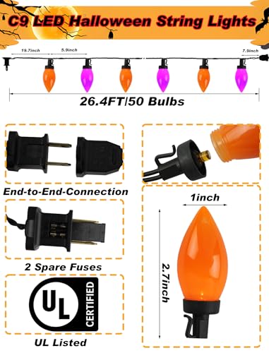 C9 Halloween String Lights Outdoor, 26.4Ft C9 Halloween Decorations with 50 LED Orange and Purple Lights, Extendable Hanging Plug in Christmas Night Lights for Party, Patio, Outside Yard, House Decor - color: Solid Orange Purple
