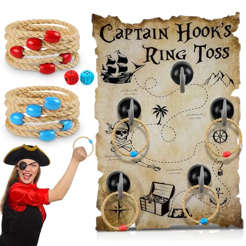 Leitee 19 Pcs Hook Ring Toss Game Pirate Party Toss Game with Dice Rope Rings Foam Tapes for Outdoor Yard Sport Party Accessories