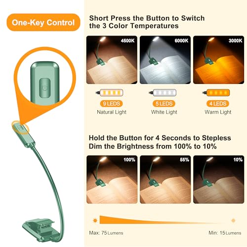 Gritin 9 LED Rechargeable Book Light for Reading in Bed - Eye Caring 3 Color Temperatures,Stepless Dimming Brightness,80 Hrs Runtime Small Lightweight Clip On Book Reading Light for Studying-Green - color: Green