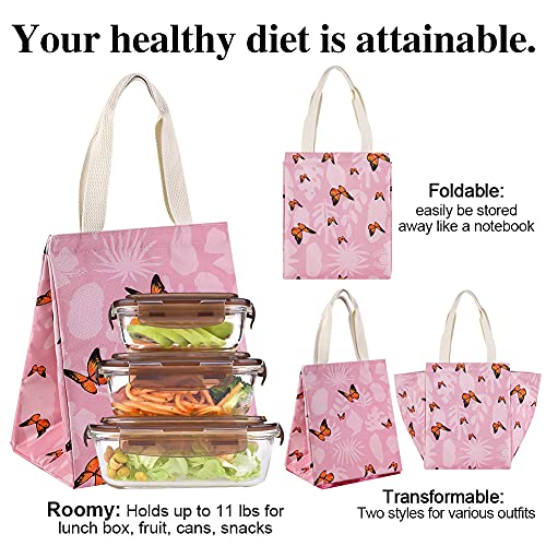 iknoe Insulated Lunch Bag for Women, 9L Sturdy Wide-Open Foldable & Portable Lunch Tote with Interior Pockets, Water-resistant Thermal Lunch Cooler for Adults Picnic Beach-Pink Butterfly - color: Pink Butterflies, size: Velcro Closure