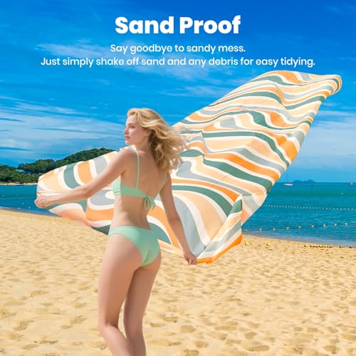 Oversized Sandproof Beach Blanket (83"x81"), Extra Large Beach Sheet for Up to 6 People. Sandfree Beach Mat, Big Sand Blankets with Sand Bags and Stakes. (Colored Wave) - color: Colored Wave, size: Large (83" X 81" / 6'11" X 6'9")