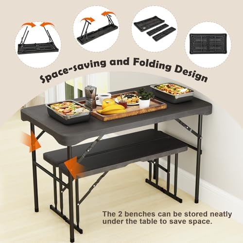 Giantex Folding Picnic Table Bench Set, Rectangular Patio Dining Table Set for 4, with HDPE Tabletop, Metal Frame, Space-Saving and Portable for Camping Party Dining BBQ (Black)