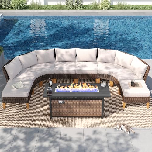 PHI VILLA 7-Piece Half Moon Patio Furniture Set with 56" Fire Pit Table, Outdoor Wicker Sectional Sofa with Cushions, Large Curved Conversation Seating for Garden or Backyard, Beige - color: Beige+fire Pit, size: 8 Seats - Round