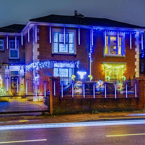 JMEXSUSS 2 Pack Solar Meteor Shower Lights, Blue Meteor Cascading Rain Lights, Waterproof for Tree/Garden Party Christmas Decor - 16 Tubes, 288 LED - color: Blue, size: 2*144LED