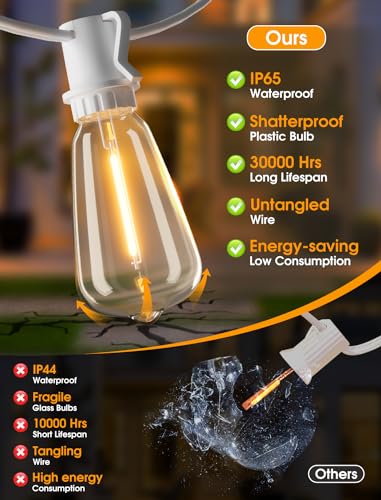 Larkvue 50FT(2x25FT) Outdoor String Lights, Patio Lights with 20+2 LED Dimmable Waterproof ST38 Vintage Bulbs for Wedding Garden Party Decor, White - color: White, size: 50FT
