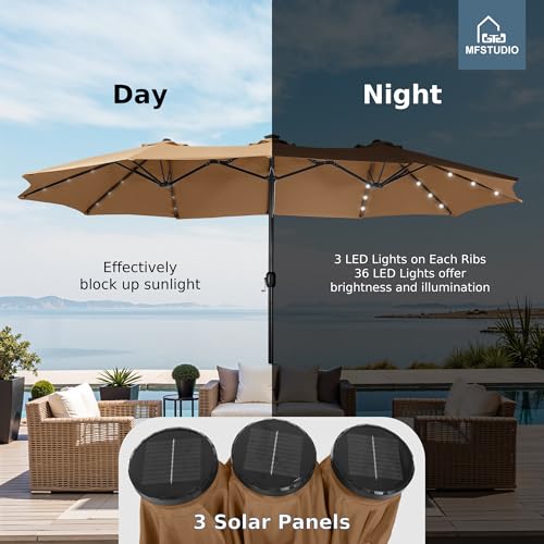 MFSTUDIO 15ft Double Sided Patio Umbrella with Solar Lights, Outdoor Large Umbrellas with Crank Handle and 36 LED Lights, Rectangular Market Umbrella with Base Included for Deck Pool Shade, Tawny - color: Tawny
