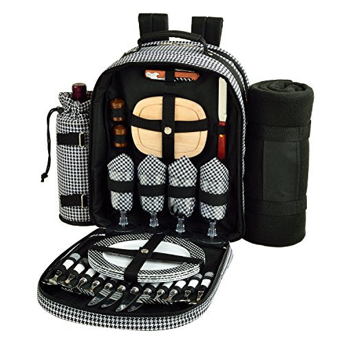 Picnic at Ascot - Deluxe Equipped 4 Person Picnic Backpack with Cooler, Insulated Wine Holder & Blanket - Houndstooth - color: Houndstooth