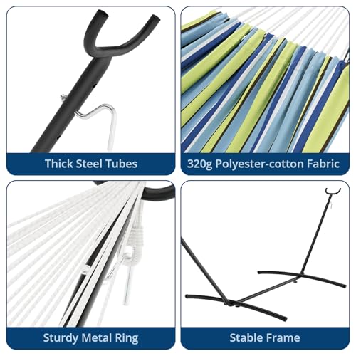 TrailBlaze Double Hammock with Stand, Heavy Duty Portable Steel Hammock Set for Outdoor and Indoor Use, 500lb Capacity, Includes Carrying Bag, Space Saving Design,Quick Assembly - color: Blue-green Stripes