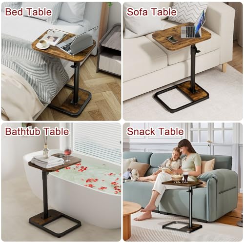 GOYLSER C-Shaped Tables Small Swivel End Table, Height Adjustable Side Tables Living Room, Rotating Snack Couch Wooden Tv Trays for Eating On Couch, Rustic Brown - color: Rustic Brown, style: Standard C Table