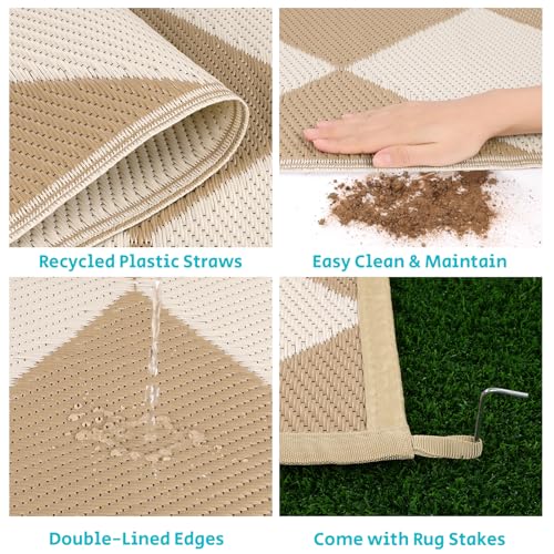 HEBE Checkered Outdoor Rug Waterproof 8x10, Reversible Plastic Straw Rug RV Camping Rug, Indoor Outdoor Patio Mat Clearance, Outside Carpet for Porch,Deck,Camper,Balcony,Backyard,Picnic - color: Beige/Brown, size: 8' x 10' (Rectangular)