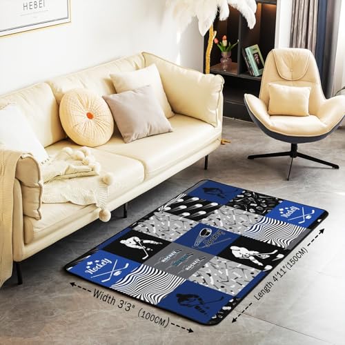 Erosebridal Ice Hockey Area Rug 4'11" x 3'3" for Boys Kids Teens,Sports Theme Carpet Blue and Gray Hockey Indoor Floor Mat,Winter Hockey Player Accent Rug Set for Living Room Bedroom Non Slip - color: Color 28, size: 3'3" x 4'11" (Rectangular)