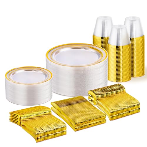 WELLIFE 300 PCS Clear Gold Dinnerware Set for 50 Guests, Clear and Gold Plastic Plates for Party, 50 Dinner Plates, 50 Salad Plates, 50 Cups Forks Knives Spoons for Wedding and Party Supplies - color: Clear Gold, size: 50 Guests