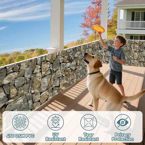 Shade&Beyond Customized 4FT X 25FT Privacy Fence Screen 450 GSM PVC Printed Privacy Fence with Zip Ties for Courtyards, Pools, Balconies-Stone - color: Stone pattern, size: 0 4' x 2 5'