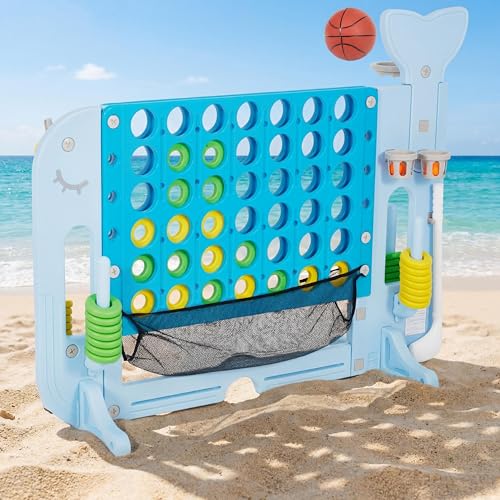Giant 4 in a Row Game Set, Whale Design 4-in-1 Jumbo Yard Games with Basketball Hoop & Mini Golf, Ring Toss, 4 Adjustable Heights Connect Board with Catch Net for Kids Adults Outdoor Play