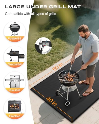 Non-Curl 60x40 inch Under Grill Mats for Outdoor Grill, Indoor Fire Pit Hearth Rugs for Fireplace, Double-Sided Fireproof, Oilproof & Waterproof BBQ Grill Mat, Easy to Clean,for Deck/Patio/Lawn - size: 60x40 in