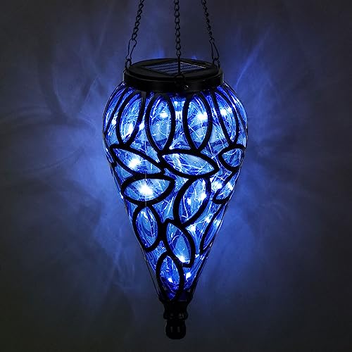 SUNNYPARK Outdoor Plastic Solar Hanging Lantern, 15 Cool White LEDs Twinkle Effect Tear-Shaped Hanging Lantern Decor Garden Decorative Solar Lights for Backyard, Patio and Lawn - style: Blue New