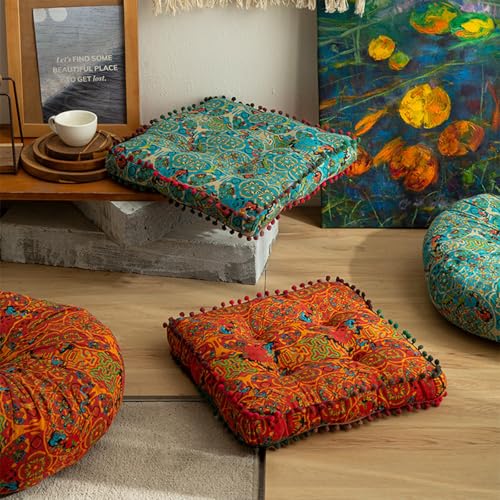 ELEFOCUS Blue Bohemian Seat Cushion,Indoor Boho Chair Cushions for Dining Chairs,Square Chair Pad,Decorative Seat Cushions for Kitchen Chairs (Blue Square A 16X16) - color: Blue Square a 16x16