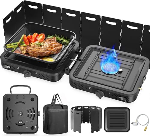 2 Burner Portable Camping Stove Propane, Folding Propane Stove for Camping, Camp Stove with 17,000 BTU,Two Adjustable Burners Gas Camping Stove with Carrying Bag for Outdoor Cooking,BBQ - color: Black